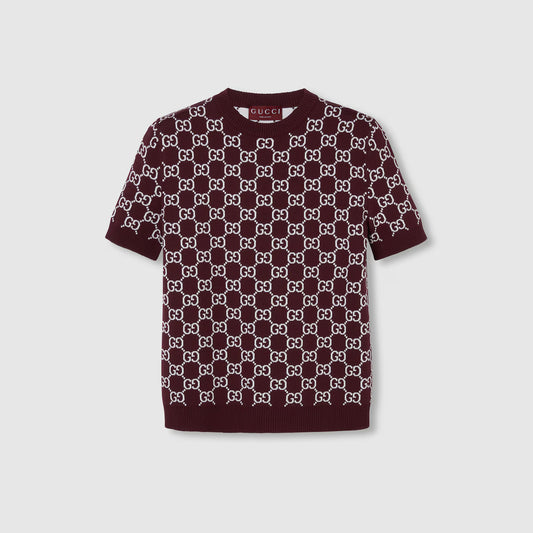 Reversible GG wool jacquard top in bordeaux and white