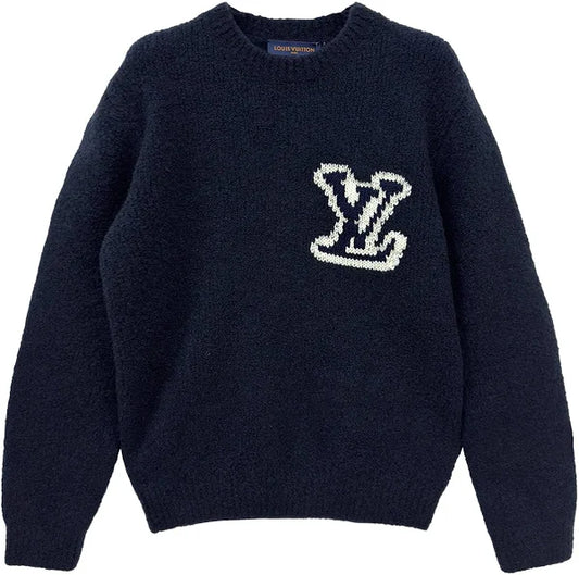 LV  Navy Intarsia LOGO Wool Crewneck Sweater